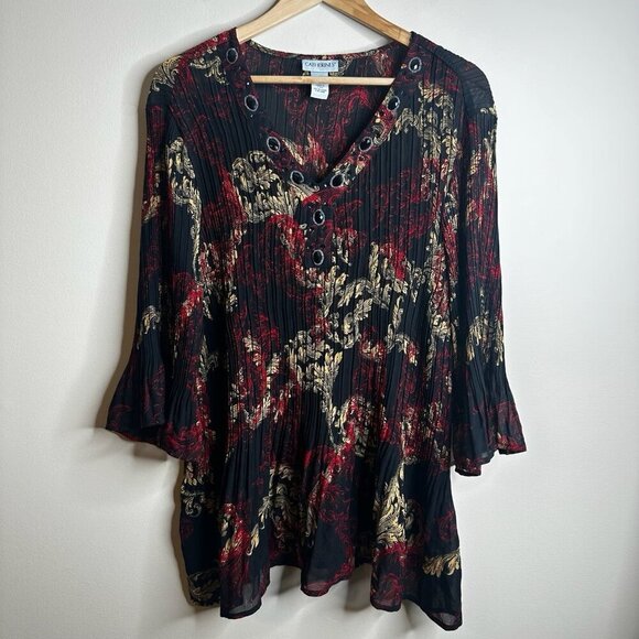 Catherines Crinkle Blouse Top 3XWP 26/28P Red Black Paisley Embellished Pleated - Picture 1 of 9